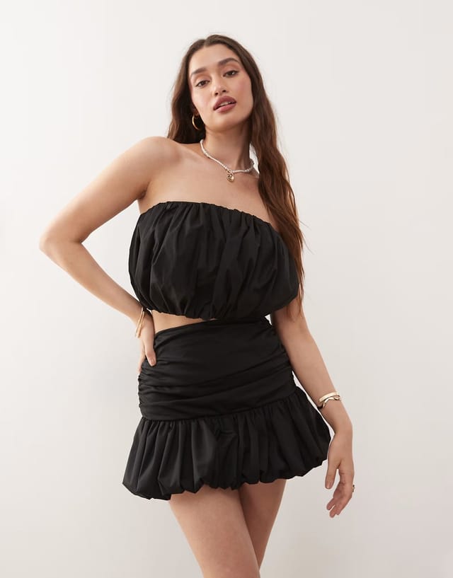 ASOS Amy Lynn ruched puffball mini skirt co-ord in black - 2
