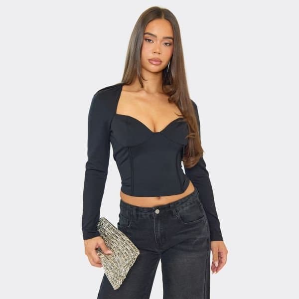 EGO Long Sleeve Plunge Corset Top In Black, Women's Size UK 6