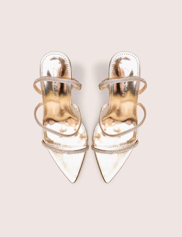 Public Desire Seductive Gold Mirror Pu Diamante Strap Pointed Toe Stiletto High Heels - 2