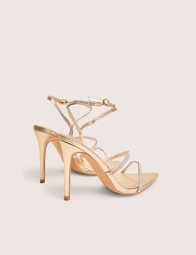 Public Desire Seductive Gold Mirror Pu Diamante Strap Pointed Toe Stiletto High Heels - 3