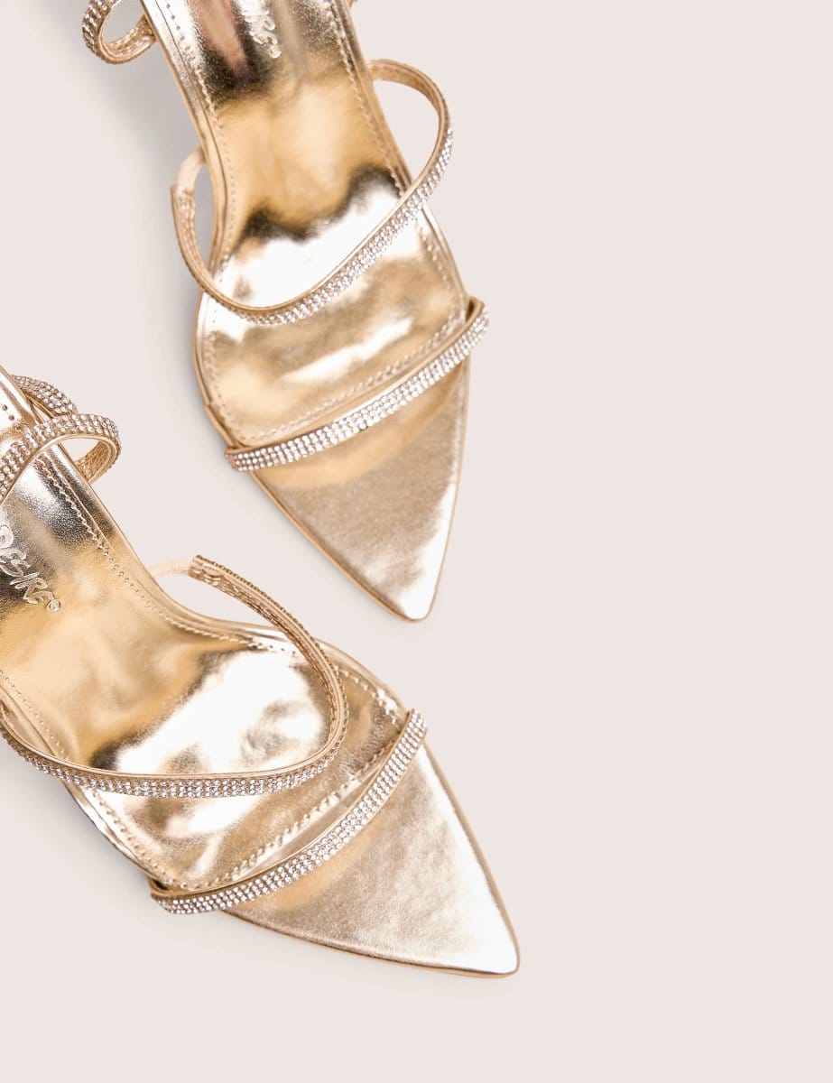 Public Desire Seductive Gold Mirror Pu Diamante Strap Pointed Toe Stiletto High Heels - 4