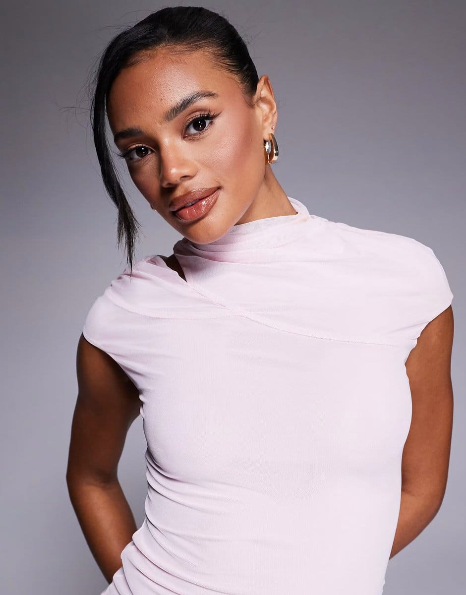 ASOS ASOS DESIGN mesh cap sleeve mini dress with slash shoulder in light pink - 4