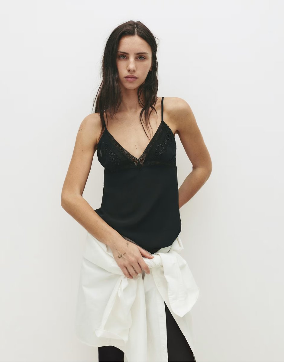 ASOS Pull&Bear Lace and bead-embellished camisole top in black - 4