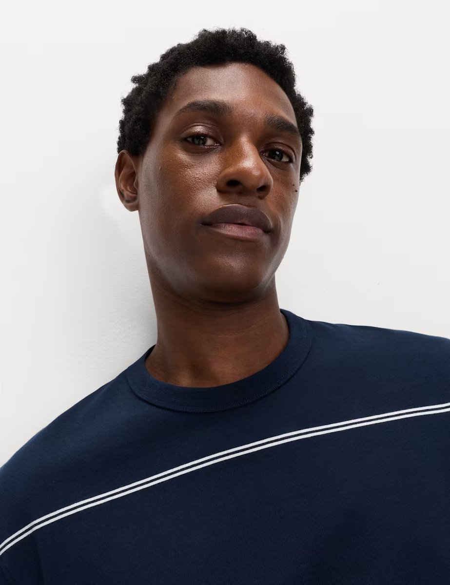 Marks & Spencer M&S Pure Cotton Striped Relaxed Crew Neck T-Shirt Navy - 2