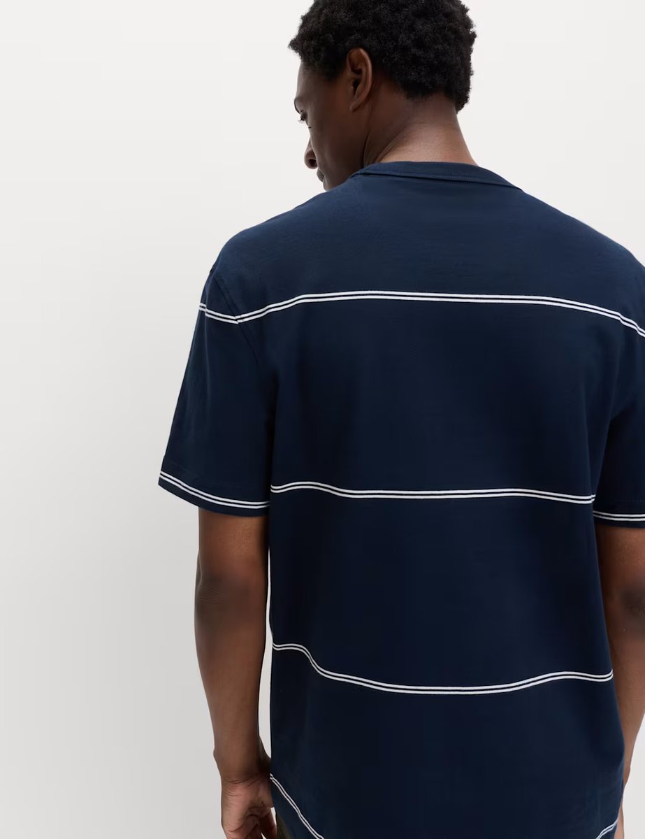 Marks & Spencer M&S Pure Cotton Striped Relaxed Crew Neck T-Shirt Navy - 4