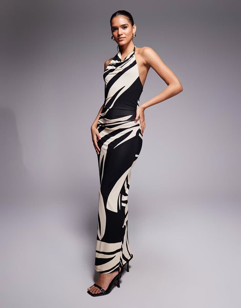 ASOS Forever New Caitie slinky high cowl halter neck maxi dress in black abstract print