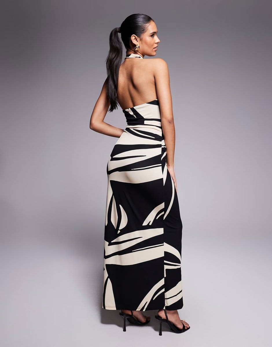 ASOS Forever New Caitie slinky high cowl halter neck maxi dress in black abstract print - 4