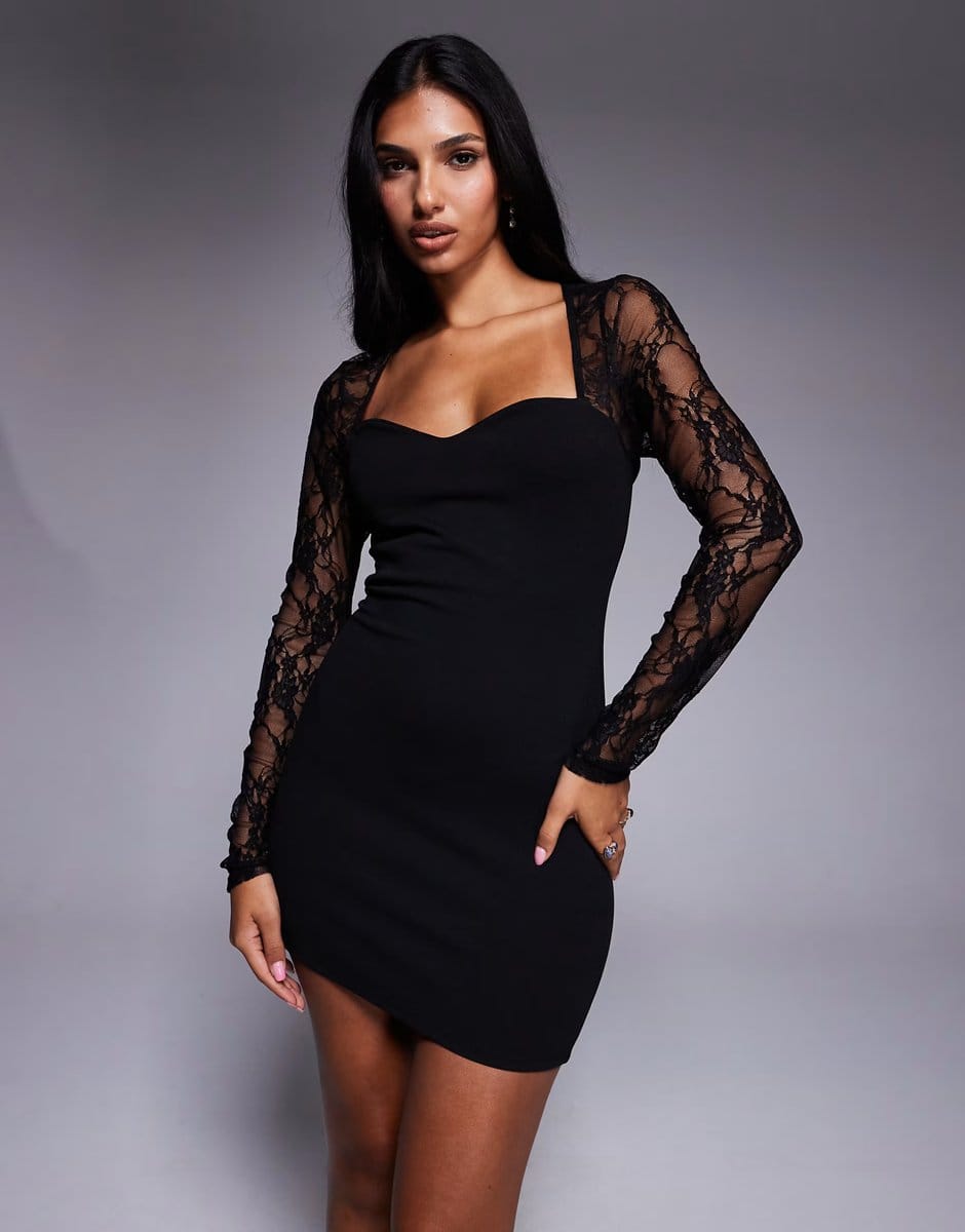 ASOS ASOS DESIGN mini dress with cutaway lace long sleeves in black - 4