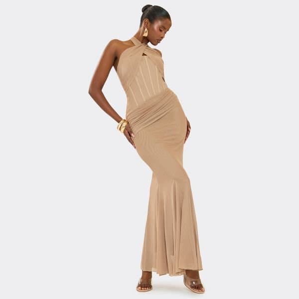 EGO Cross Strap Boning Detail Maxi Dress In Mocha, Women's Size UK 6