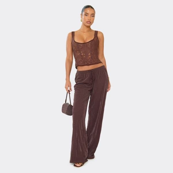 EGO Mid Rise Wide Leg Trousers In Brown Glitter Mesh, Women's Size UK Large L