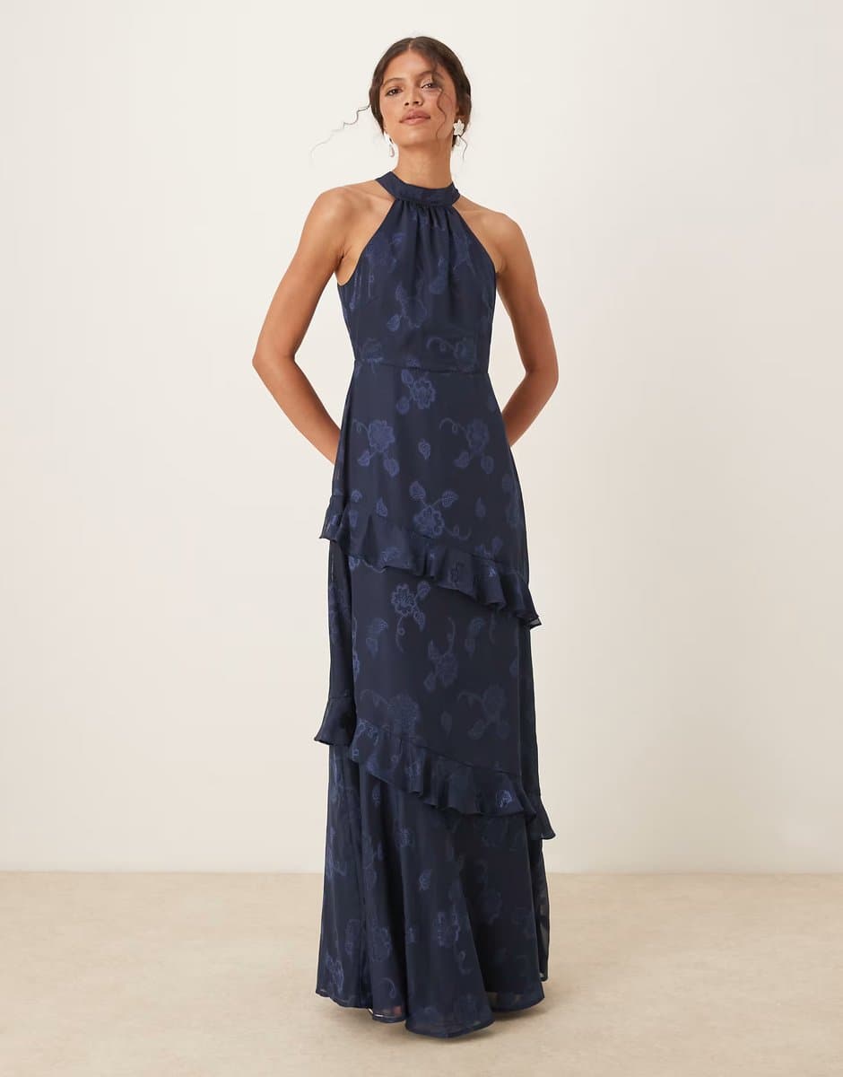 ASOS Maya Floral jacquard halter neck maxi dress in navy