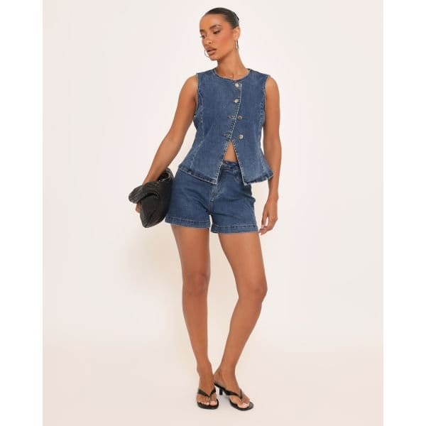 EGO Mid Rise Shorts In Dark Blue Denim, Women's Size UK 6 - 2