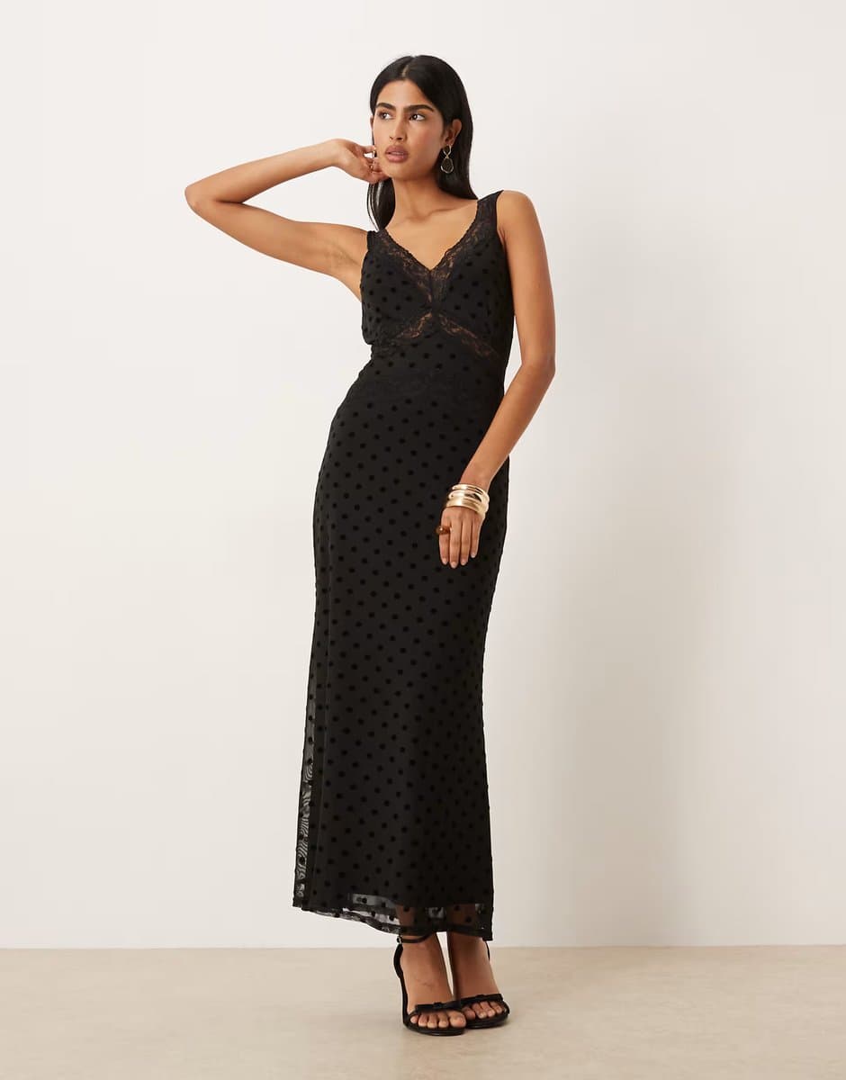 ASOS Never Fully Dressed Gianna mesh lace trim midaxi dress in black polka dot