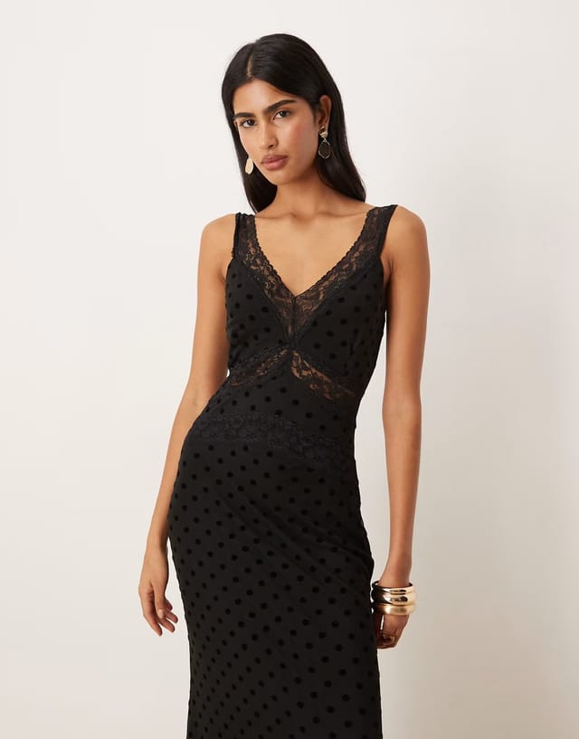 ASOS Never Fully Dressed Gianna mesh lace trim midaxi dress in black polka dot - 3