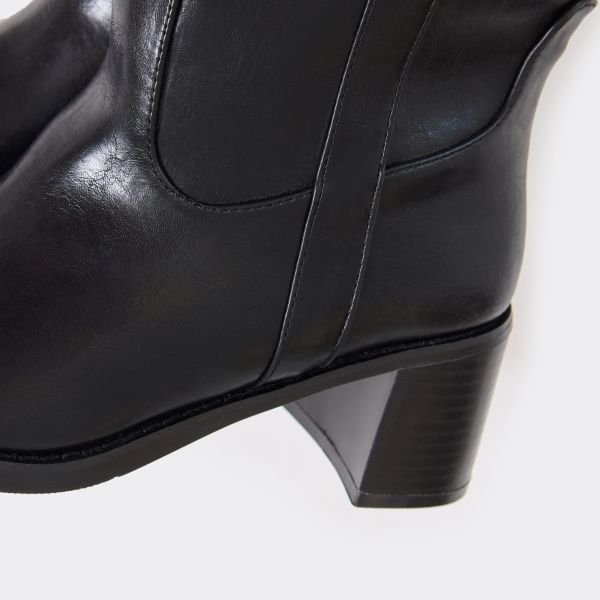 EGO Step Up Block Heel Side Panel Detail Knee High Boot In Black Faux Leather, Women's Size UK 3 - 2