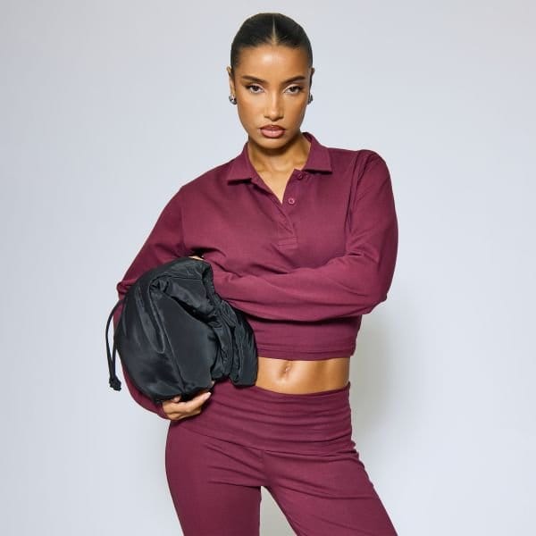 EGO Long Sleeve Button Detail Cinched Waist Collared Top In Plum, Women's Size UK 6 - 1