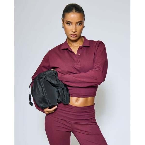 EGO Long Sleeve Button Detail Cinched Waist Collared Top In Plum, Women's Size UK 6 - 2