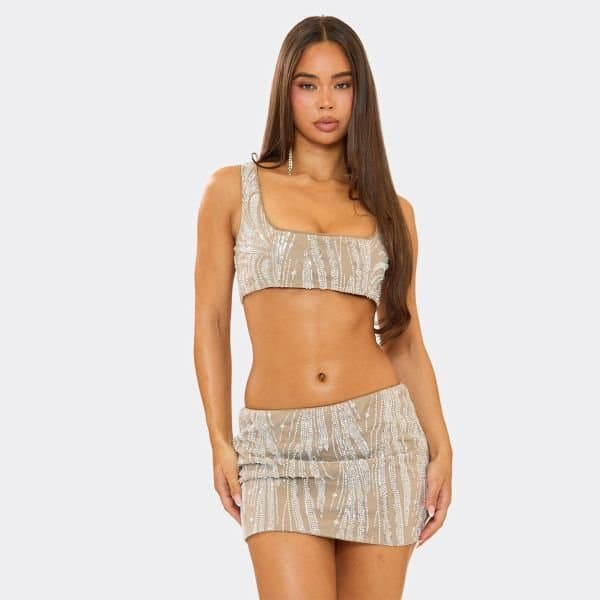 EGO Scoop Square Neck Embellished Crop Top Bralet In Silver, Women's Size UK 6