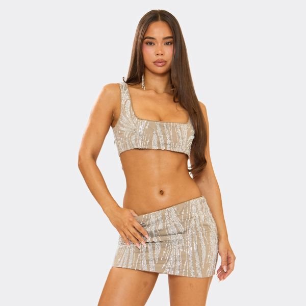 EGO Scoop Square Neck Embellished Crop Top Bralet In Silver, Women's Size UK 6 - 2