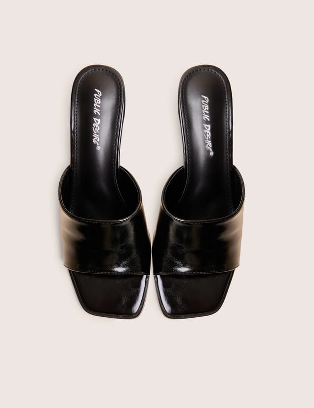Public Desire Romi Black Patent Mule Square Toe Flared Block Mid Heels - 2