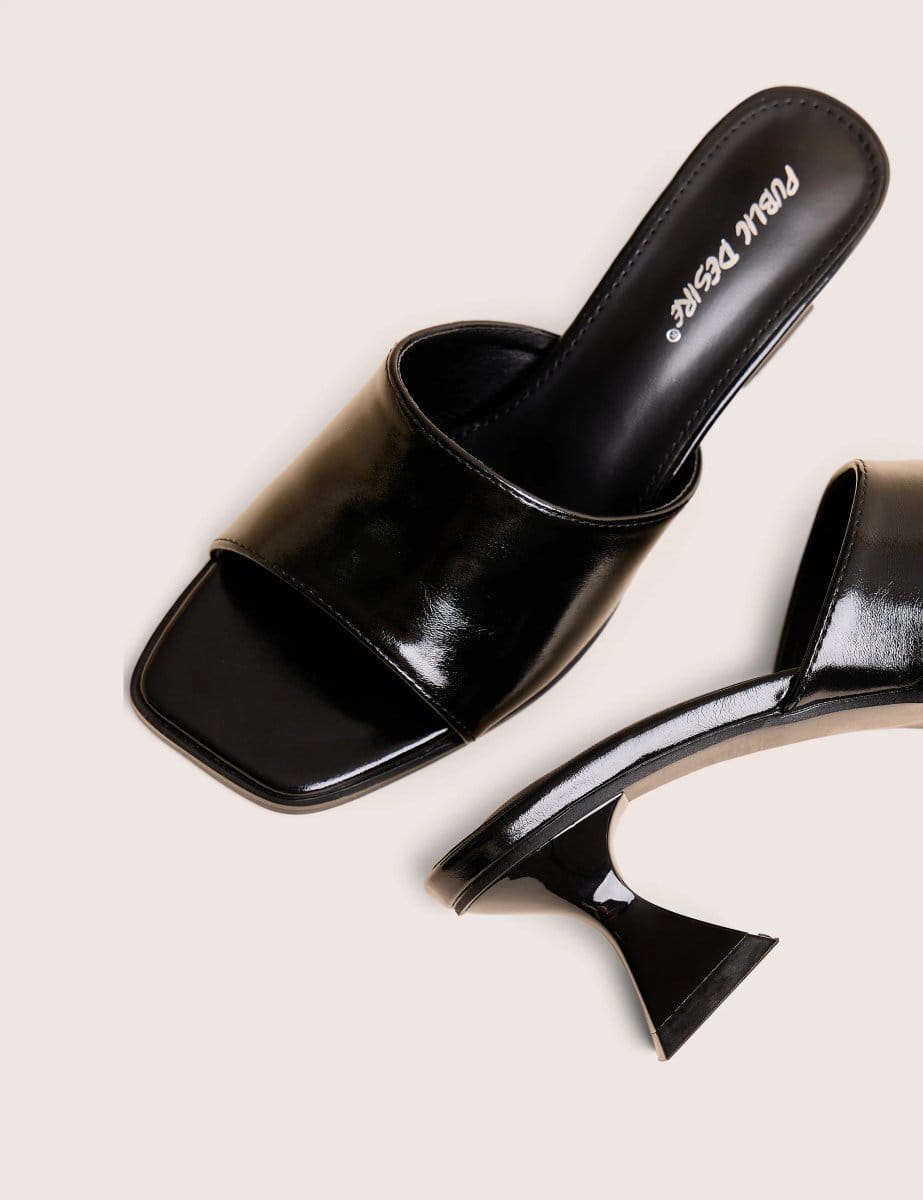 Public Desire Romi Black Patent Mule Square Toe Flared Block Mid Heels - 4
