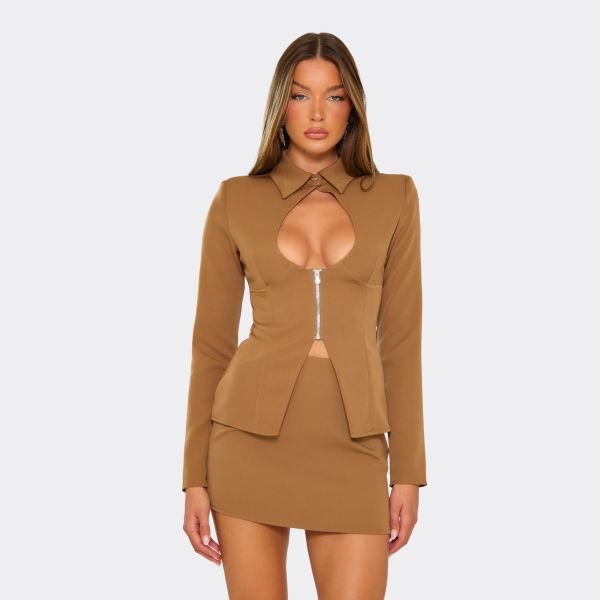 EGO Long Sleeve Cut Out Plunge Zip Front Blazer In Camel Brown, Women's Size UK 6 - 1