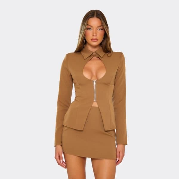 EGO Long Sleeve Cut Out Plunge Zip Front Blazer In Camel Brown, Women's Size UK 6