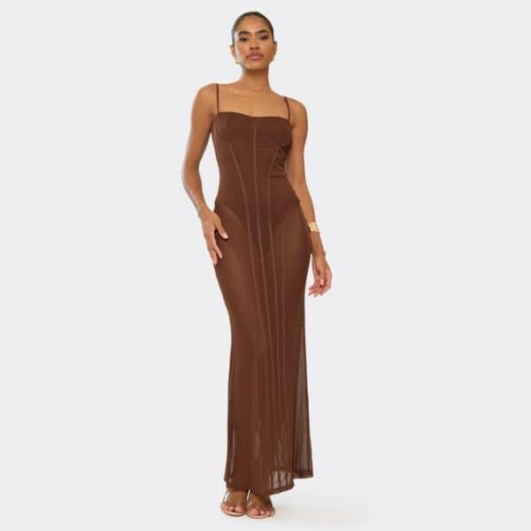 EGO Strappy Underwire Seam Bodysuit Lining Detail Maxi Dress In Chocolate Brown, Women's Size UK 6