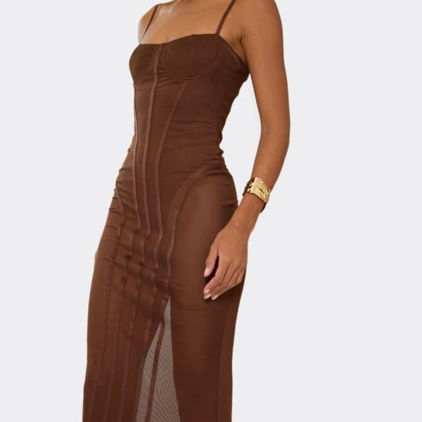 EGO Strappy Underwire Seam Bodysuit Lining Detail Maxi Dress In Chocolate Brown, Women's Size UK 6 - 2