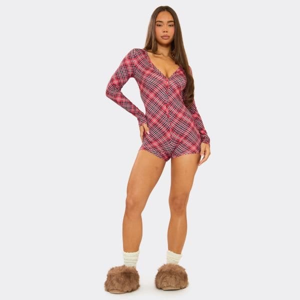 EGO Long Sleeve Pyjama Playsuit In Red Tartan Print, Women's Size UK Large L - 2