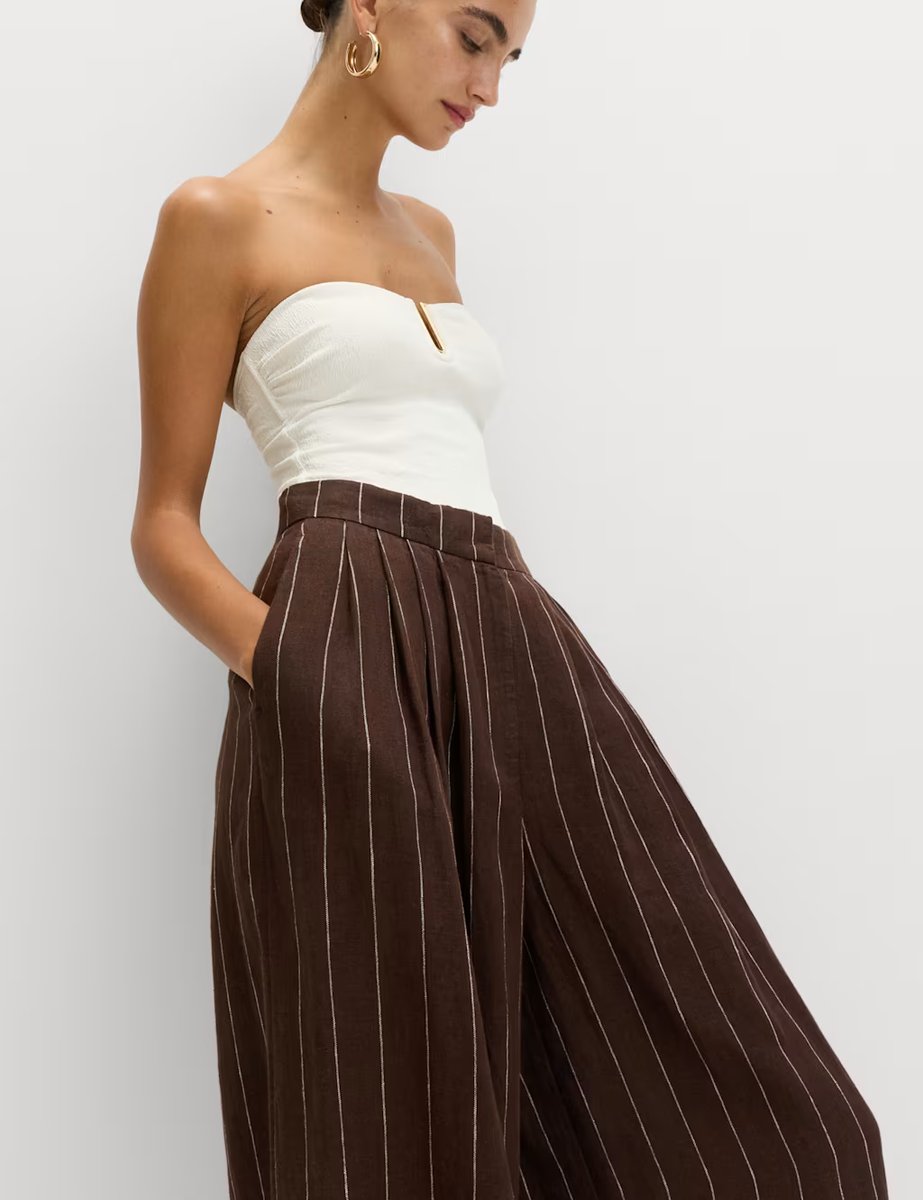 Marks & Spencer M&S Pure Linen Wide Leg Trousers Brown Mix - 2