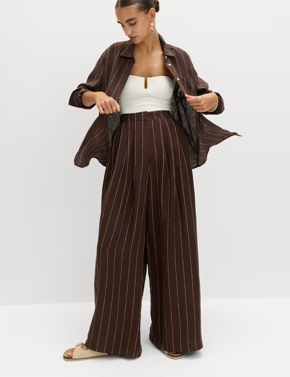 Marks & Spencer M&S Pure Linen Wide Leg Trousers Brown Mix - 4