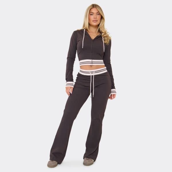 EGO Mid Rise Contrast Stripe Skinny Flare Leg Trousers In Chocolate Brown, Women's Size UK 6