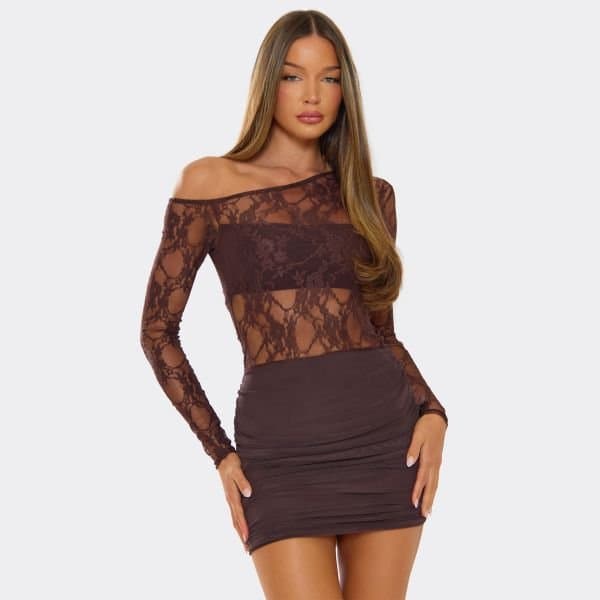 EGO Asymmetric Off The Shoulder Contrast Lace Mini Dress In Chocolate Brown, Women's Size UK 12