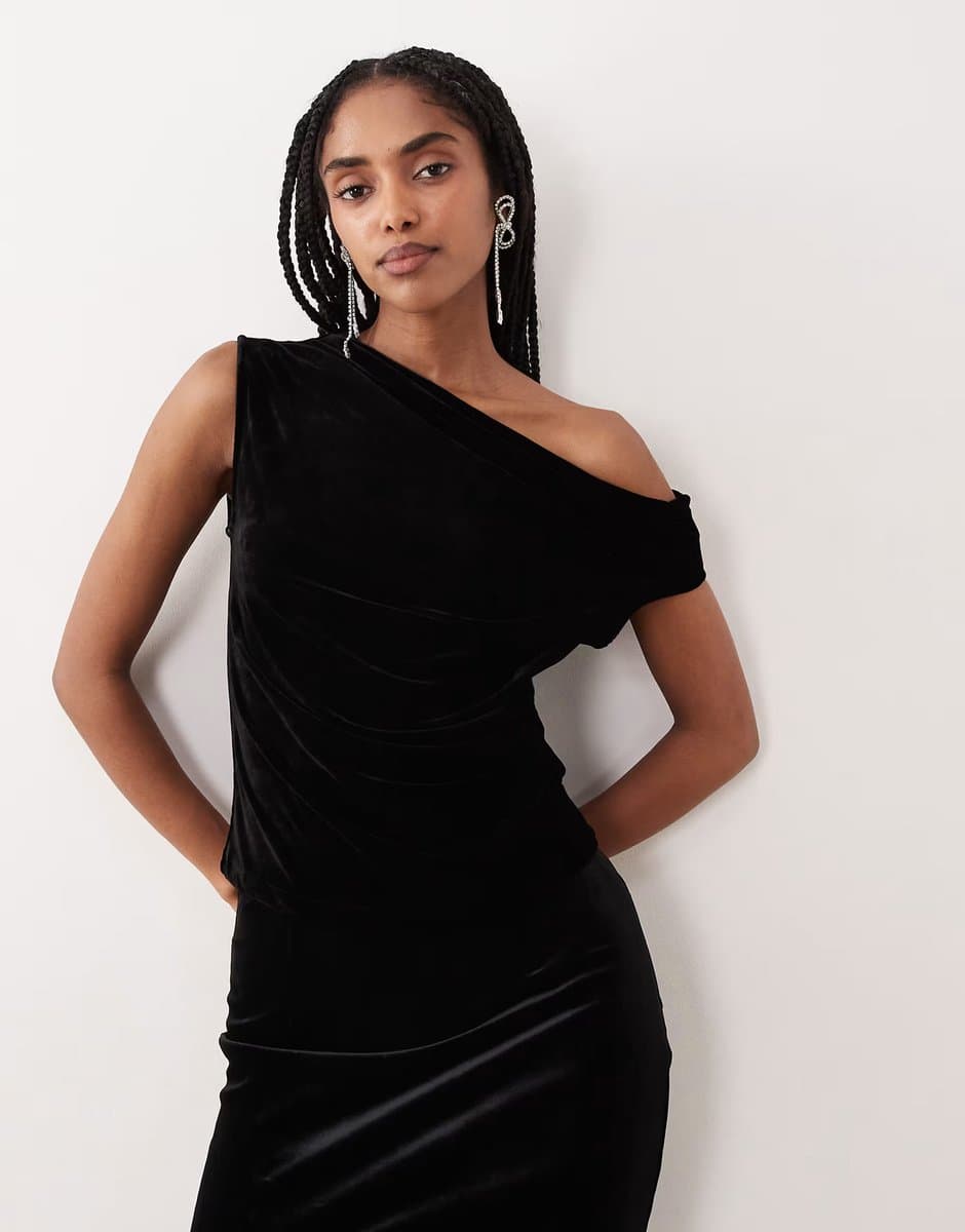 ASOS Gina Tricot co-ord fallen off the shoulder asymmetric velvet top in black