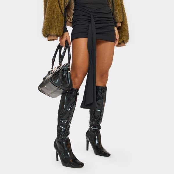 EGO Floor-It Pointed Toe Knee High Heeled Boot In Black Faux Leather, Women's Size UK 3