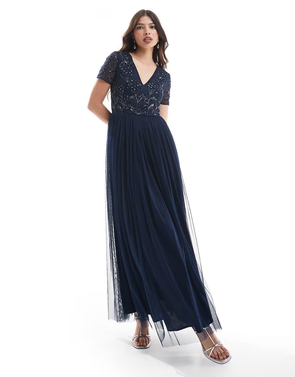 ASOS Maya Floral embellished short sleeve v neck bridesmaid maxi dress in navy