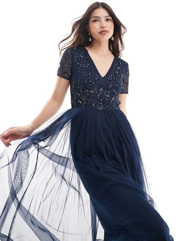 ASOS Maya Floral embellished short sleeve v neck bridesmaid maxi dress in navy - 3