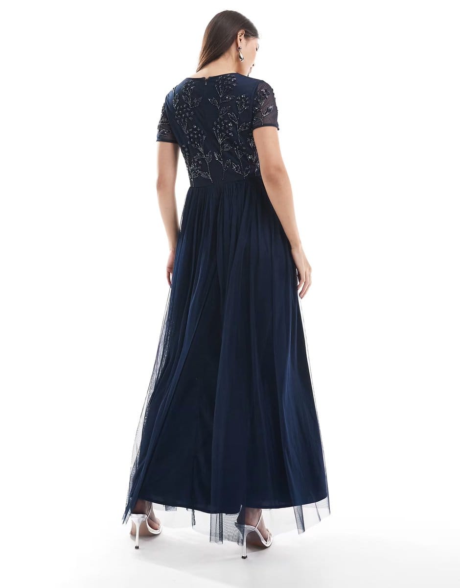 ASOS Maya Floral embellished short sleeve v neck bridesmaid maxi dress in navy - 4