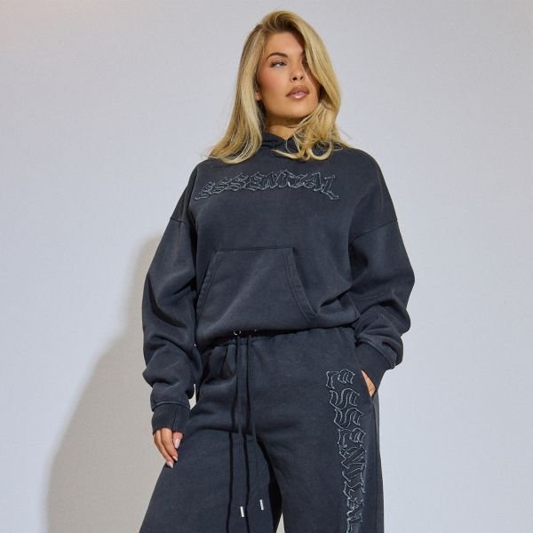 EGO Long Sleeve Embroidered Essential Graphic Hoodie In Washed Charcoal Grey, Women's Size UK 6 - 1