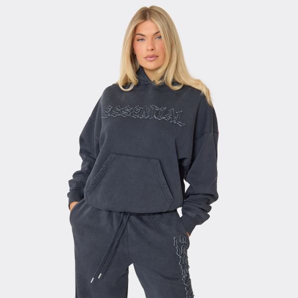 EGO Long Sleeve Embroidered Essential Graphic Hoodie In Washed Charcoal Grey, Women's Size UK 6 - 2