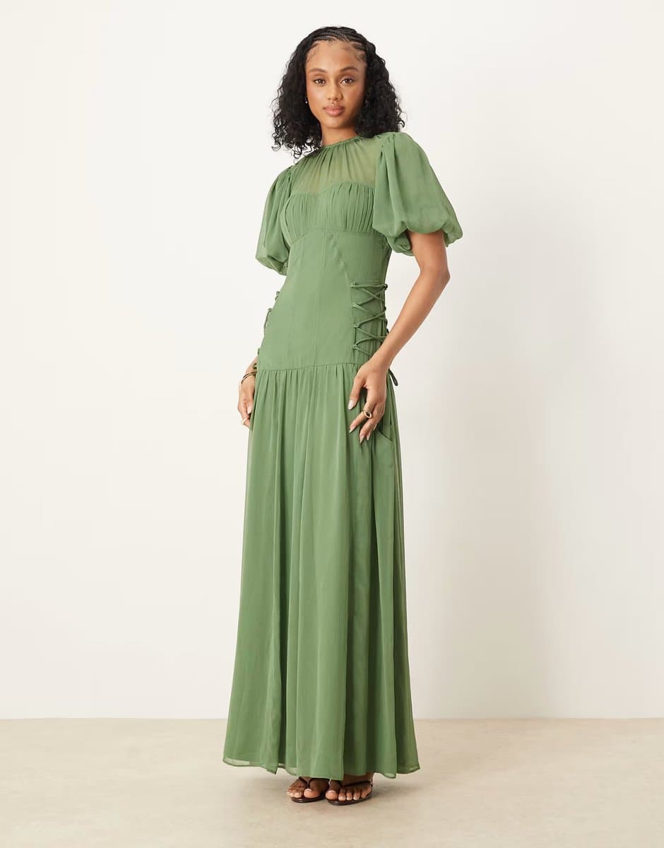 ASOS ASOS DESIGN Tall puff sleeve chiffon midaxi dress in green