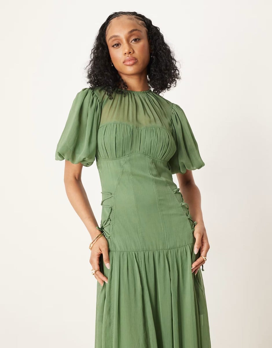 ASOS ASOS DESIGN Tall puff sleeve chiffon midaxi dress in green - 4