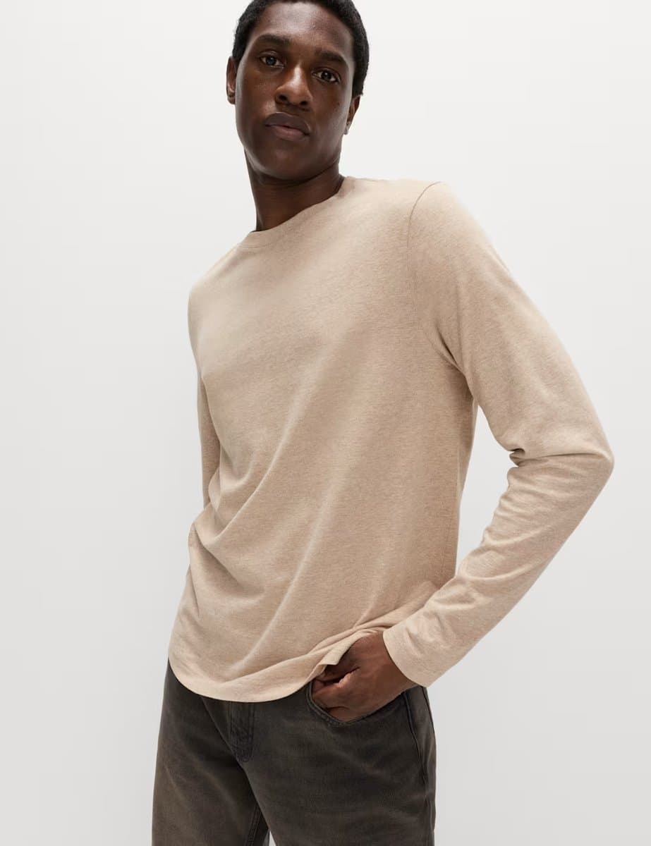 Marks & Spencer M&S Long Sleeve Crew Neck T-Shirt in Natural