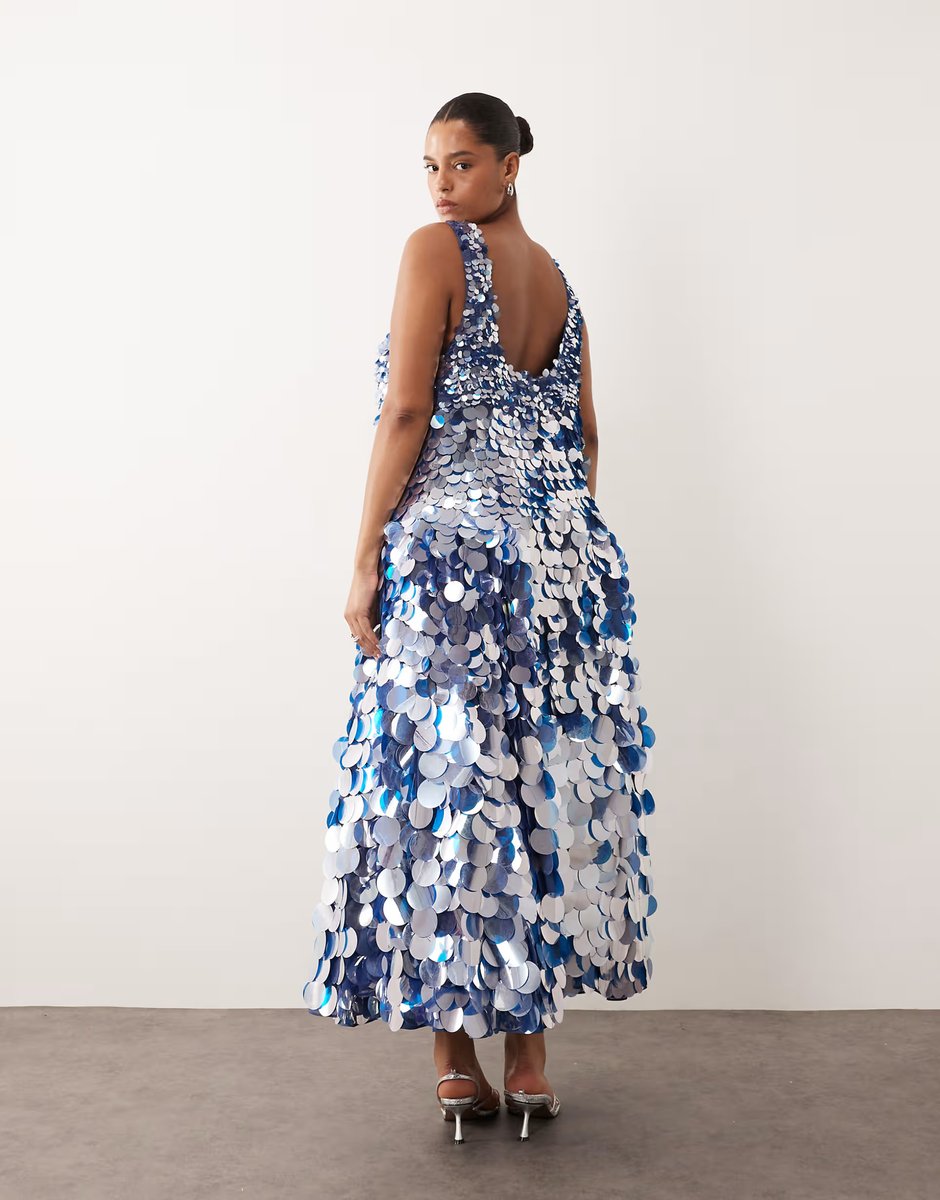 ASOS ARRANGE Curve embellished disc sequin square neck full skirt midi dress in blue - 4