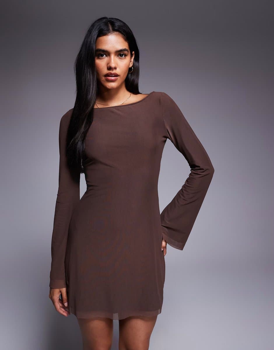 ASOS Princess Polly Lukea mesh flare sleeve open back mini dress in brown