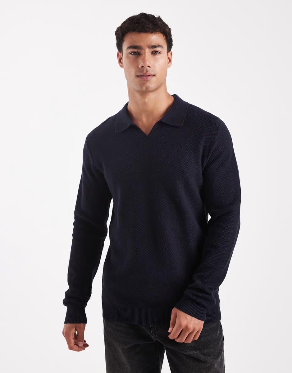 ASOS Jack & Jones premium knitted long sleeve polo in navy