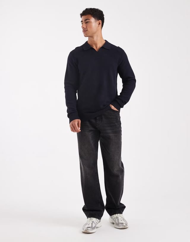 ASOS Jack & Jones premium knitted long sleeve polo in navy - 2