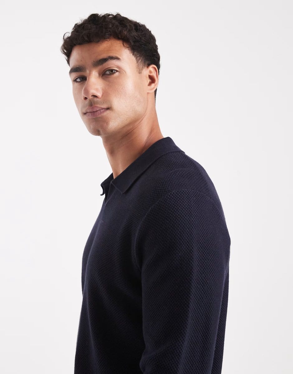 ASOS Jack & Jones premium knitted long sleeve polo in navy - 4