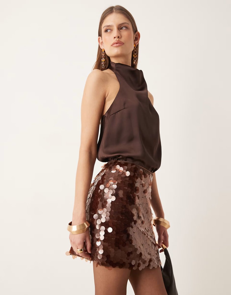 ASOS Amy Lynn disc sequin mini skirt in brown - 2